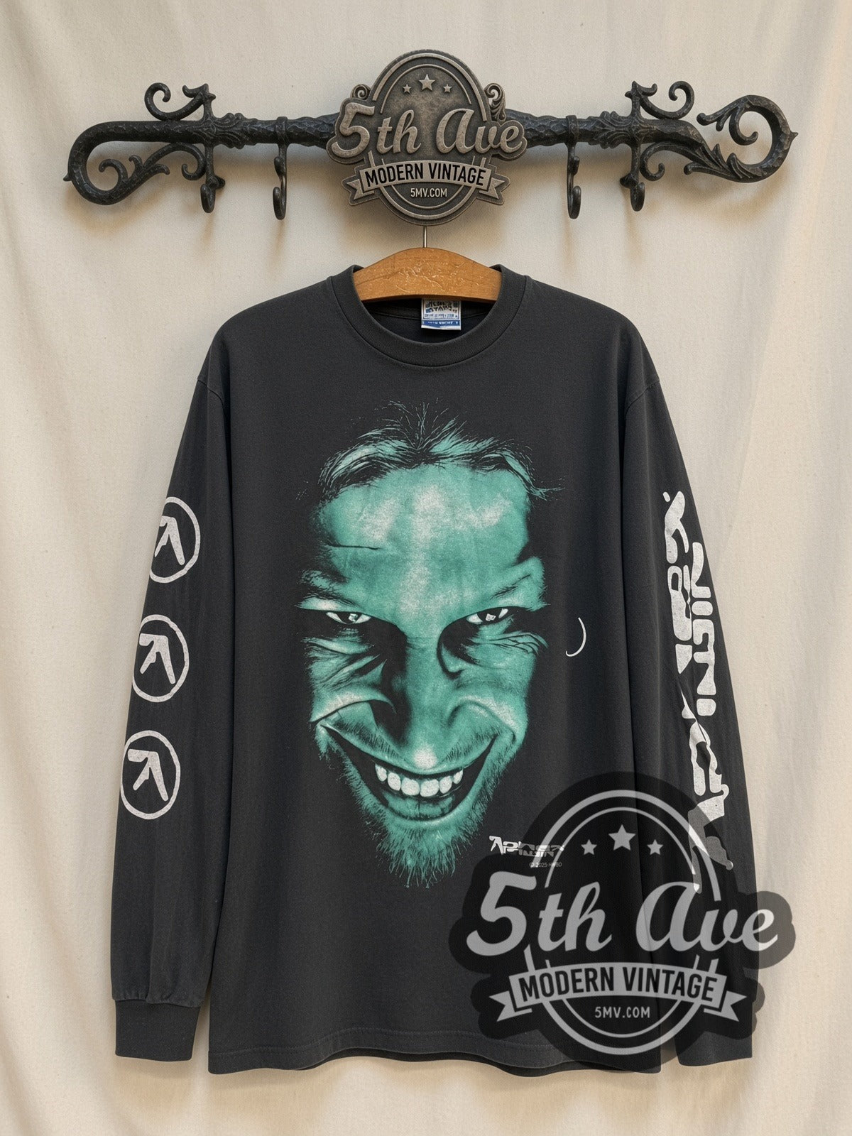 Aphex Twin Richard D. James Grin vintage band long sleeve t-shirt, front view on the 5MV rack