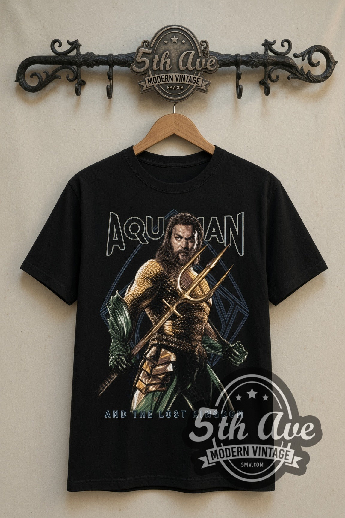 Aquaman and the Lost Kingdom double stitched black tee front on dark iron 5th Ave rack