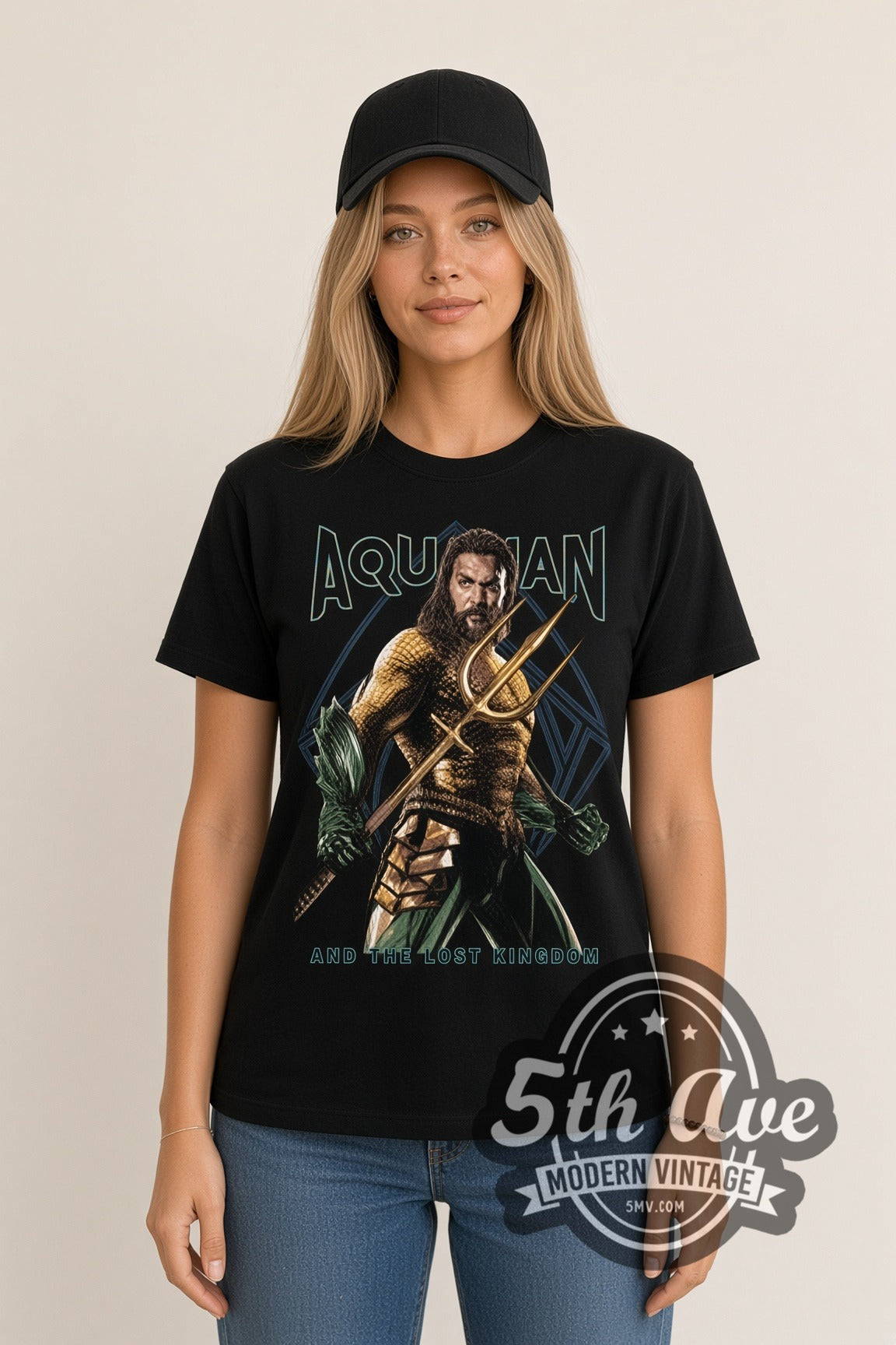 Woman wearing Aquaman and the Lost Kingdom double stitched black graphic tee