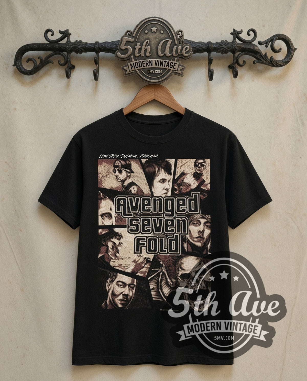 Avenged Sevenfold Comic Panel Collage double stitched black tee front on dark iron 5th Ave rack