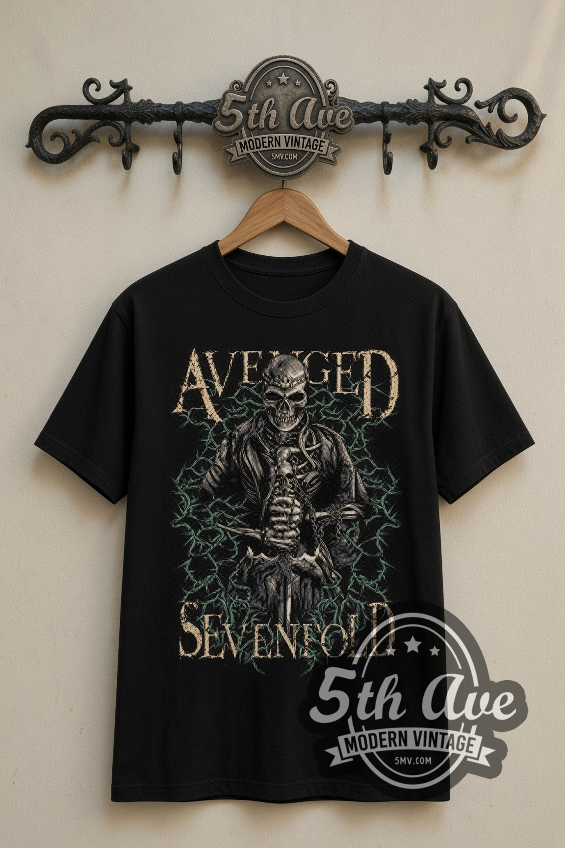 Avenged Sevenfold Skeleton in Barbed Wire double stitched black tee front on dark iron 5th Ave rack