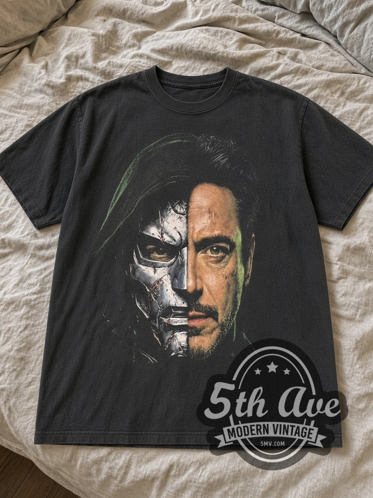 Black Avengers Doomsday Doctor Doom tee laid flat on linen bed