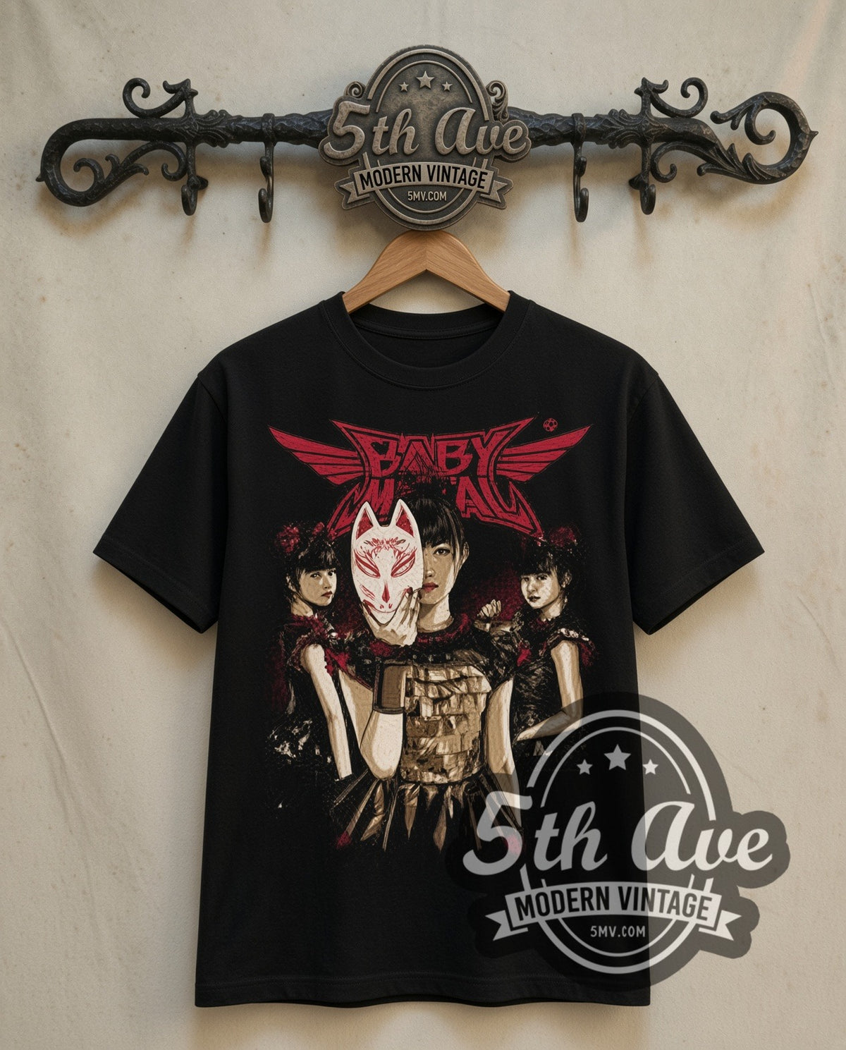 Babymetal Fox Mask Trio double stitched black tee front on dark iron 5th Ave rack