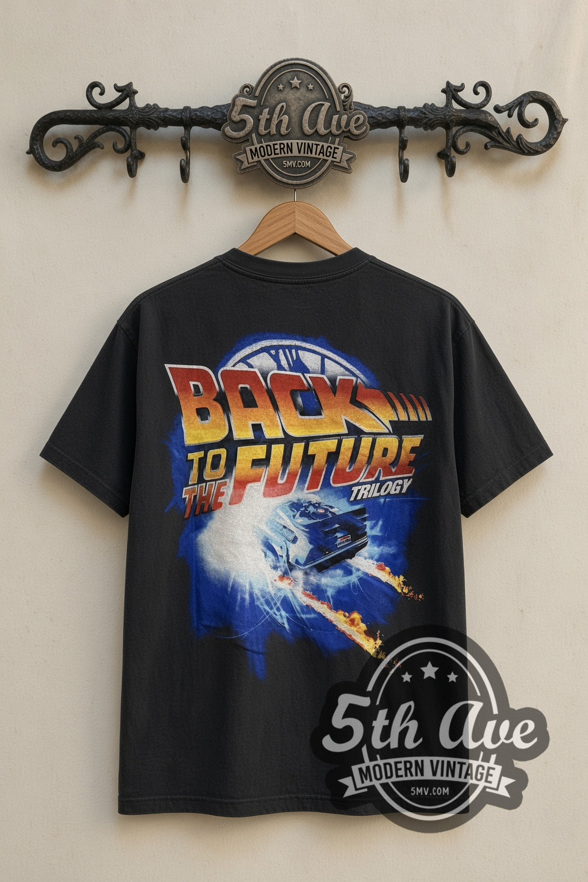 Back print of Back to the Future Trilogy DeLorean tee on the 5MV rack