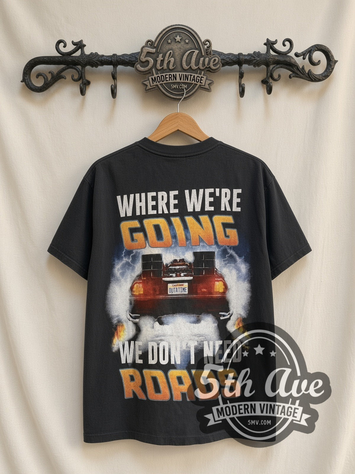 Back to the Future OUTATIME vintage movie t-shirt, back view on a display rack