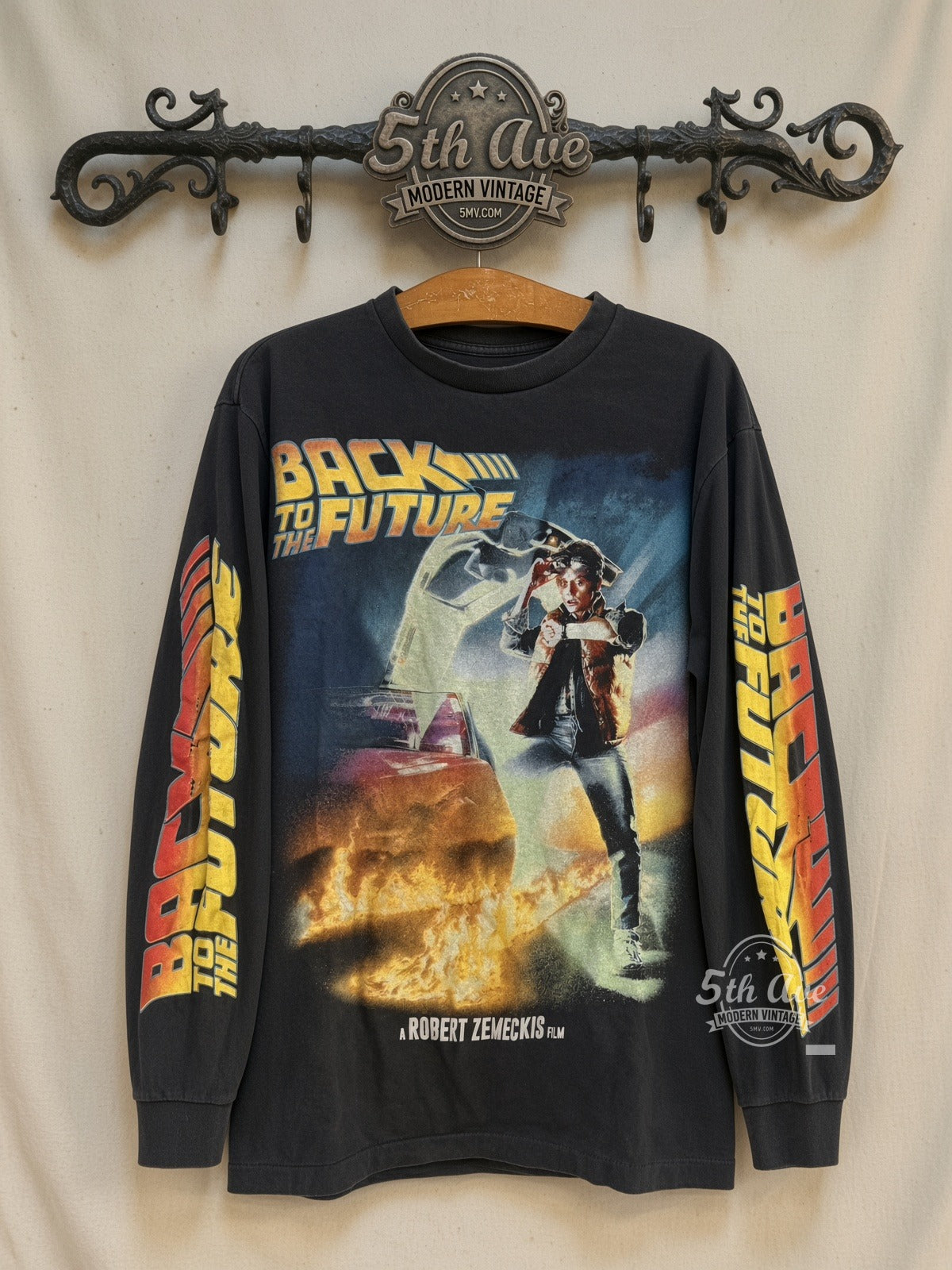 Back to the Future Where We're Going Poster Long Sleeve vintage movie tee front on cream 5th Ave rack