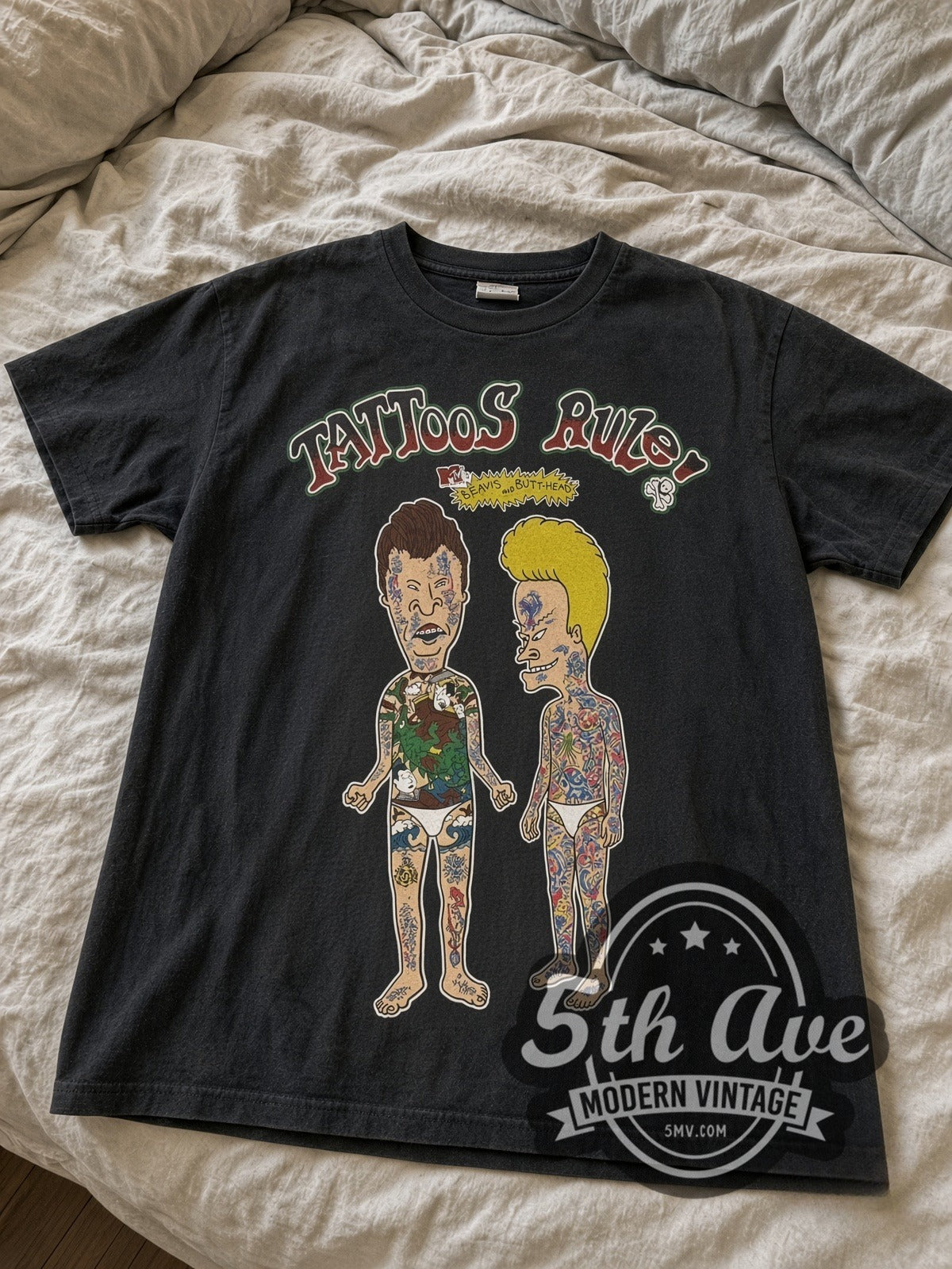 Beavis and Butt-Head Tattoos Rule vintage cartoon tee laid flat