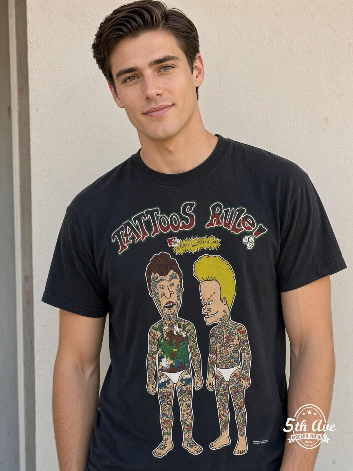 Model wearing Beavis and Butt-Head Tattoos Rule MTV vintage t-shirt