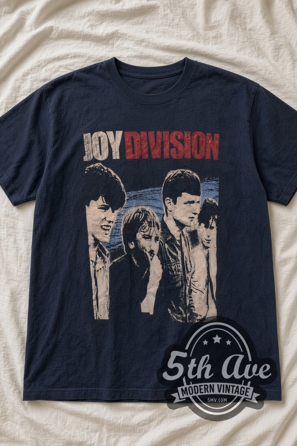 Joy Division Iconic vintage band t-shirt, laid flat on a bed
