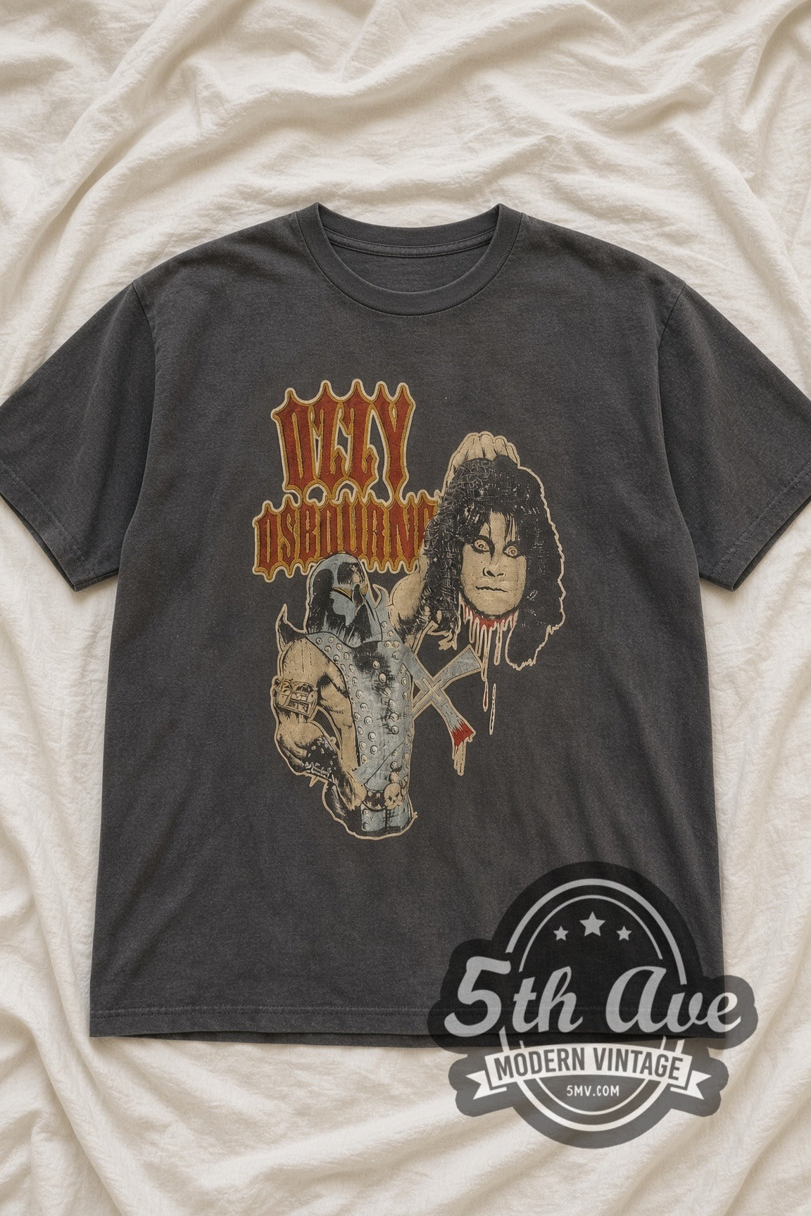 Ozzy Osbourne Medieval Knight vintage band t-shirt, laid flat on a bed