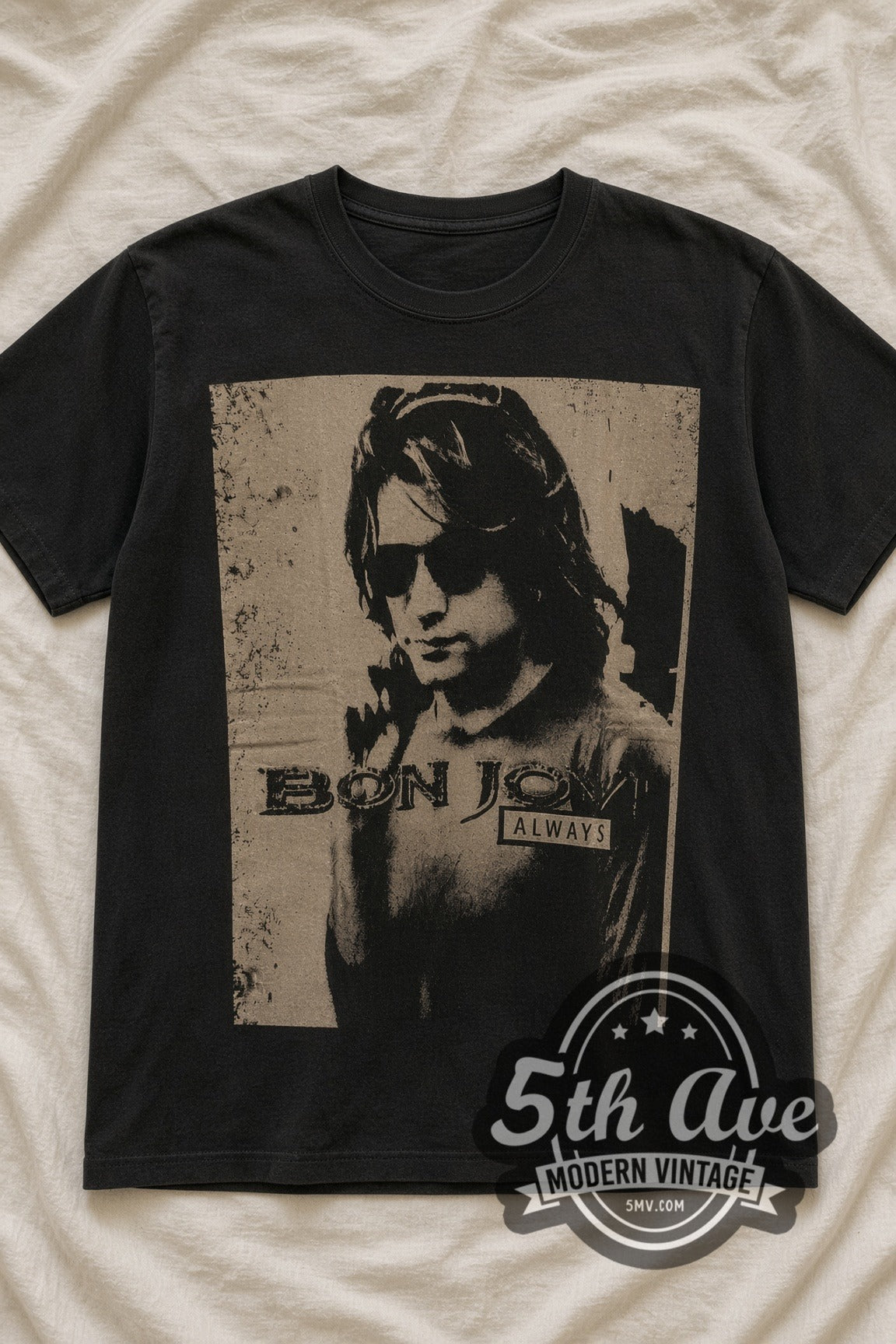 Bon Jovi Texas Groove vintage band t-shirt, laid flat on a bed