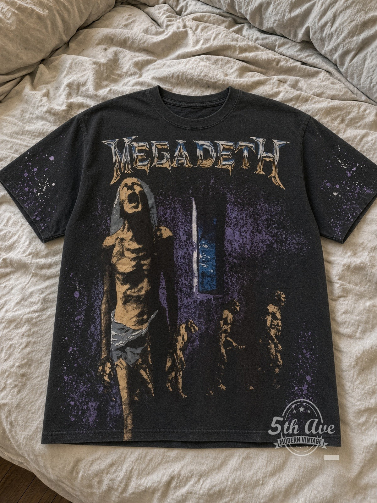 Megadeth OVERPRINT vintage band t-shirt – laid flat on bed