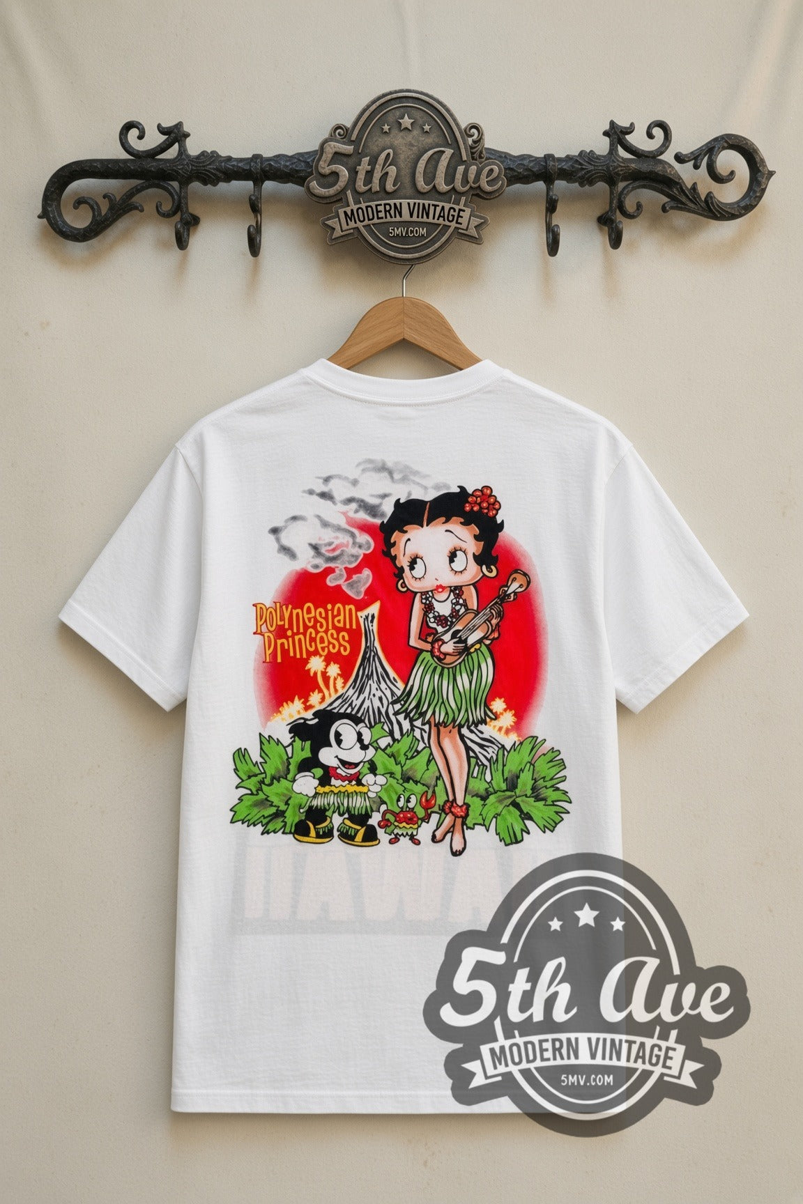 Betty Boop Aloha Hawaii Polynesian Princess cartoon tee in white, back view on a display rack
