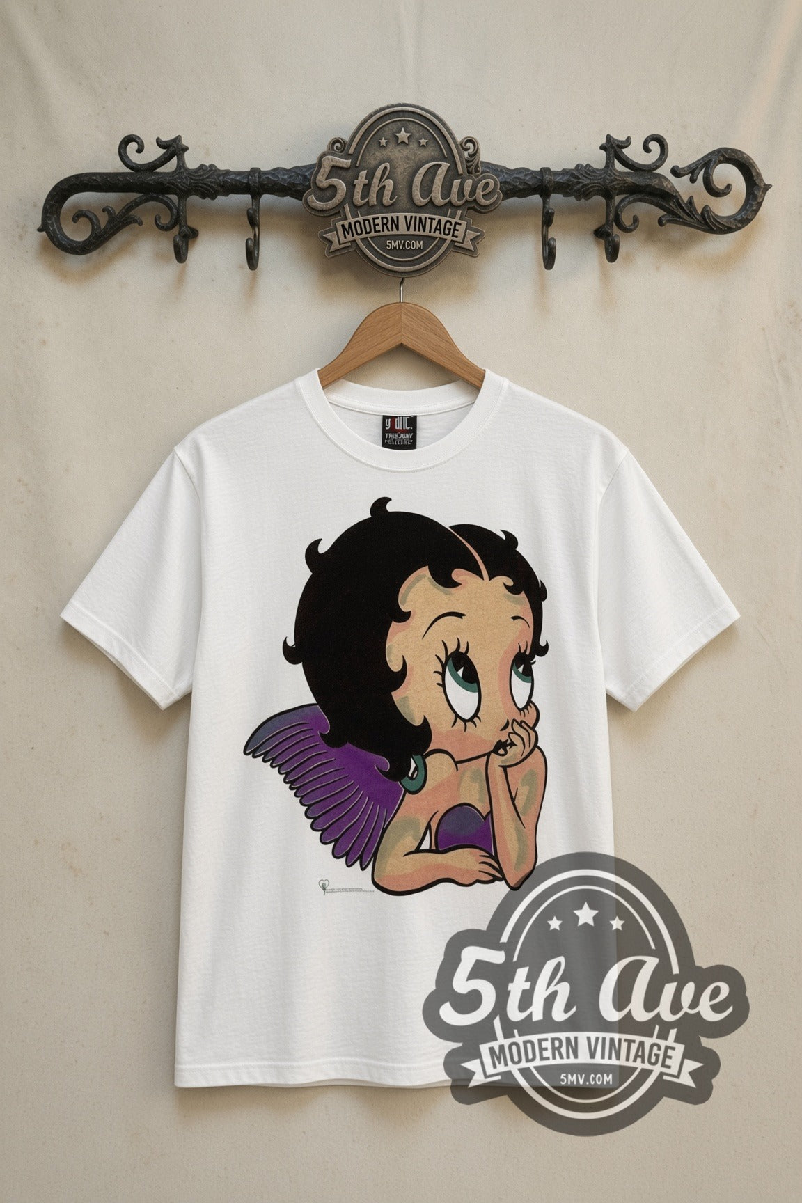 Betty Boop Angel Wings cartoon tee in white, front view on a display rack