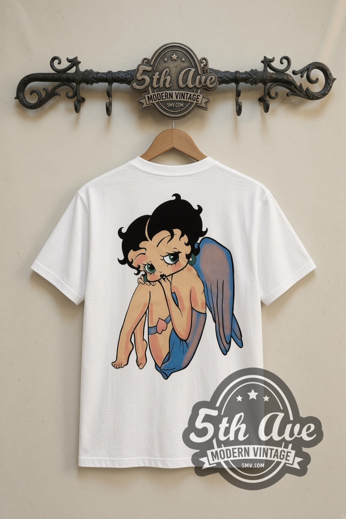 Betty Boop Angel Wings cartoon tee in white, back view on a display rack
