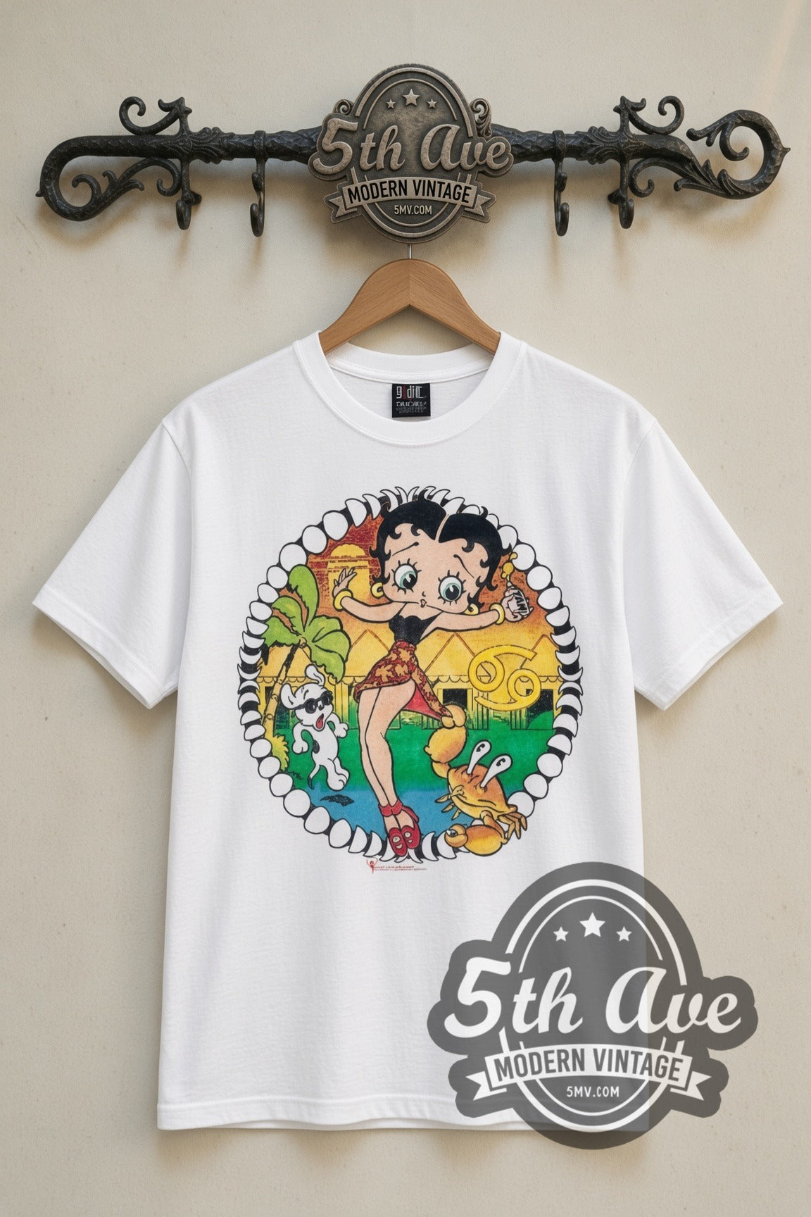 Betty Boop Beach Crab Floral Circle cartoon tee in white, front view on a display rack