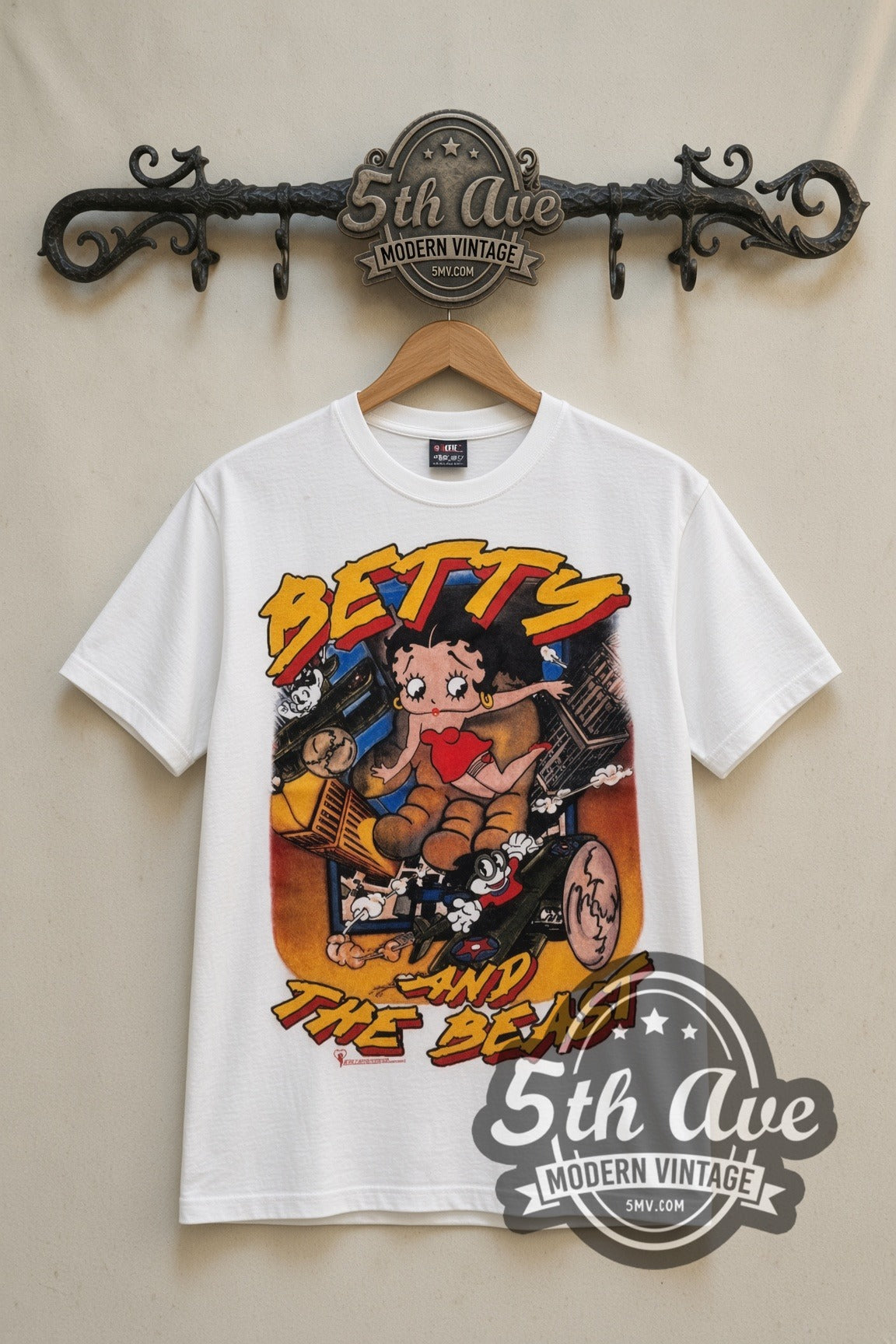 Betty Boop Betty and the Beast cartoon tee in white, front view on a display rack