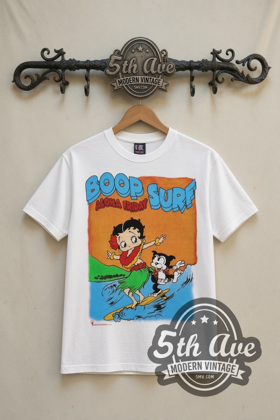 Betty Boop Boop Surf Aloha Friday cartoon tee in white, front view on a display rack