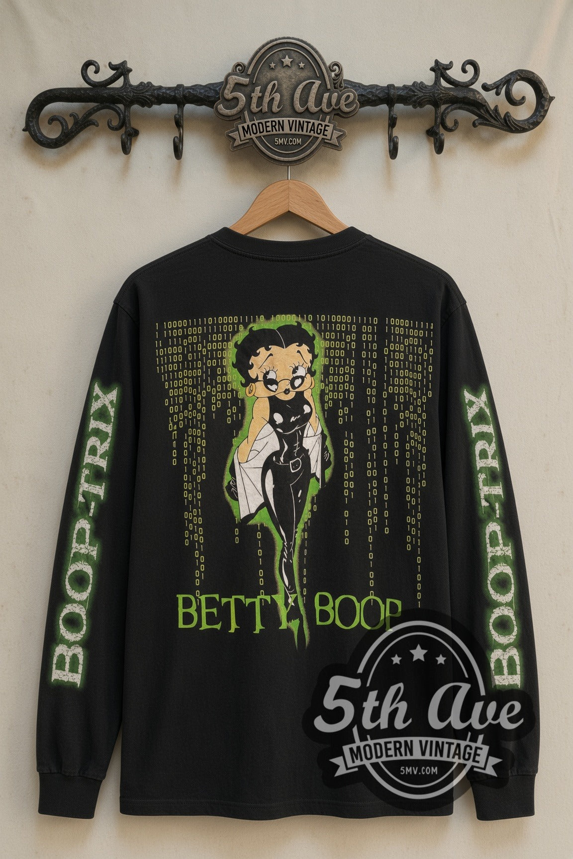 Back print of Betty Boop Boop-Trix Matrix Parody vintage cartoon long sleeve tee on 5th Ave rack