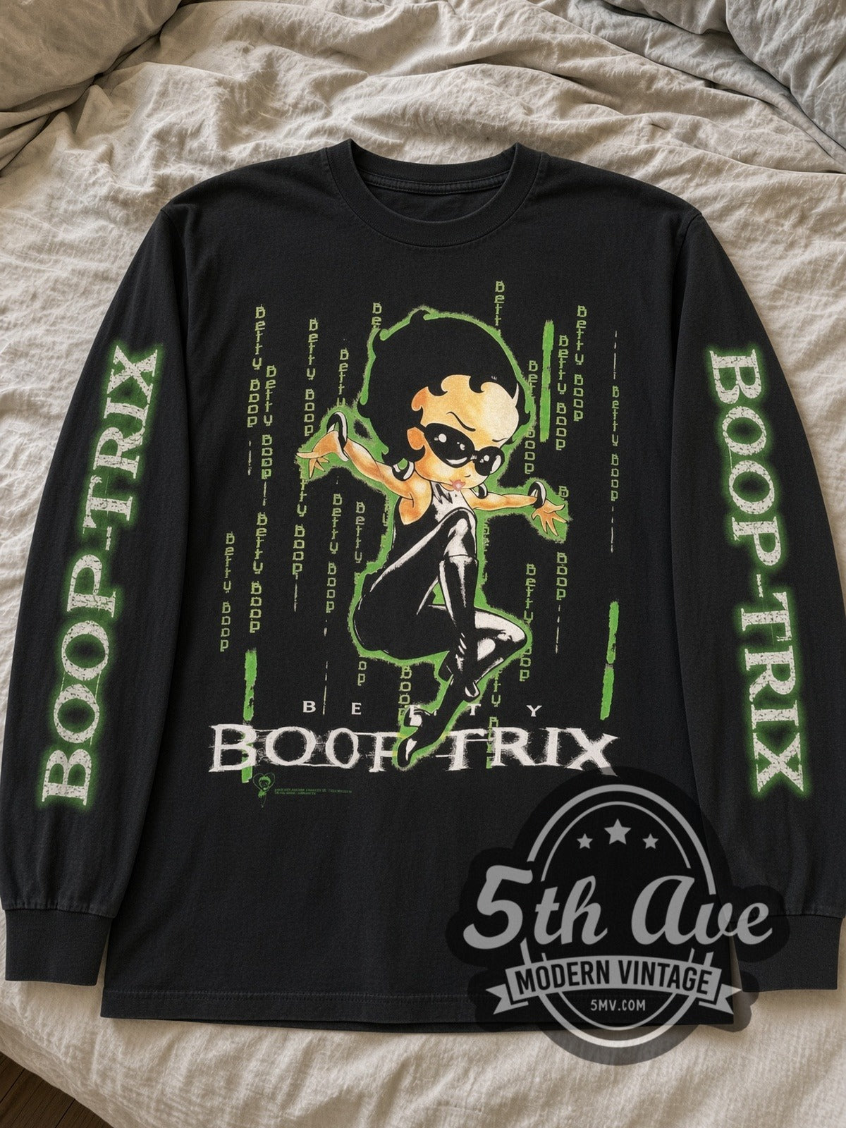 Black Betty Boop Boop-Trix Matrix Parody vintage cartoon long sleeve tee laid flat on linen bed