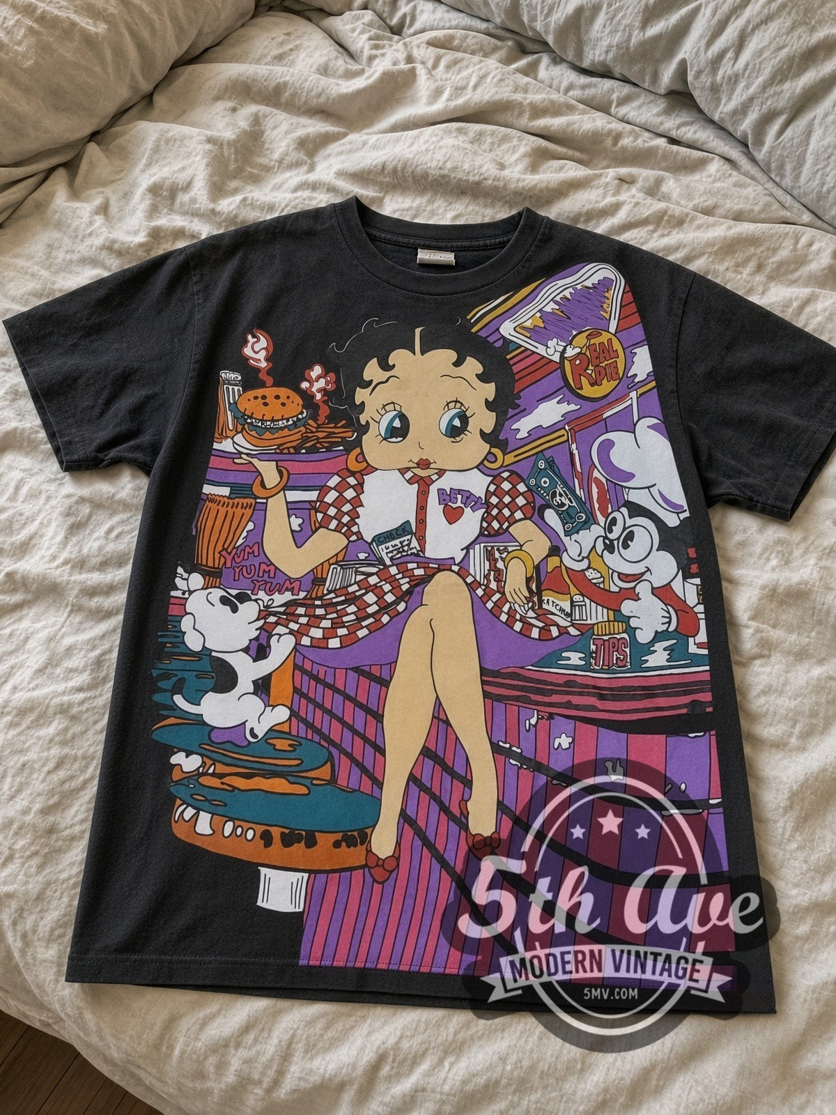 Betty Boop Checkered Dress Abstract all-over-print vintage cartoon tee in black laid flat