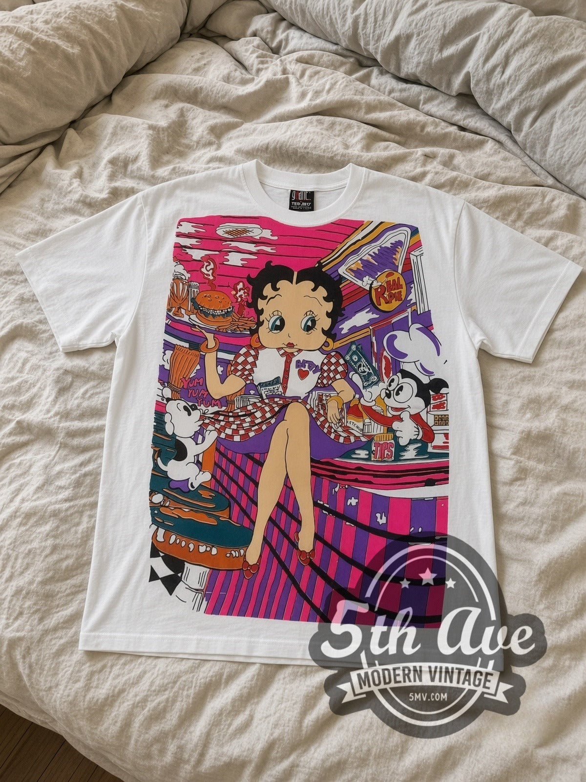 Betty Boop Checkered Dress Abstract all-over-print vintage cartoon tee in white laid flat