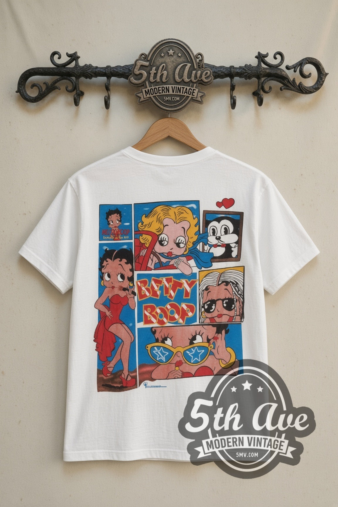 Betty Boop Comic Collage cartoon tee in white, front view on a display rack
