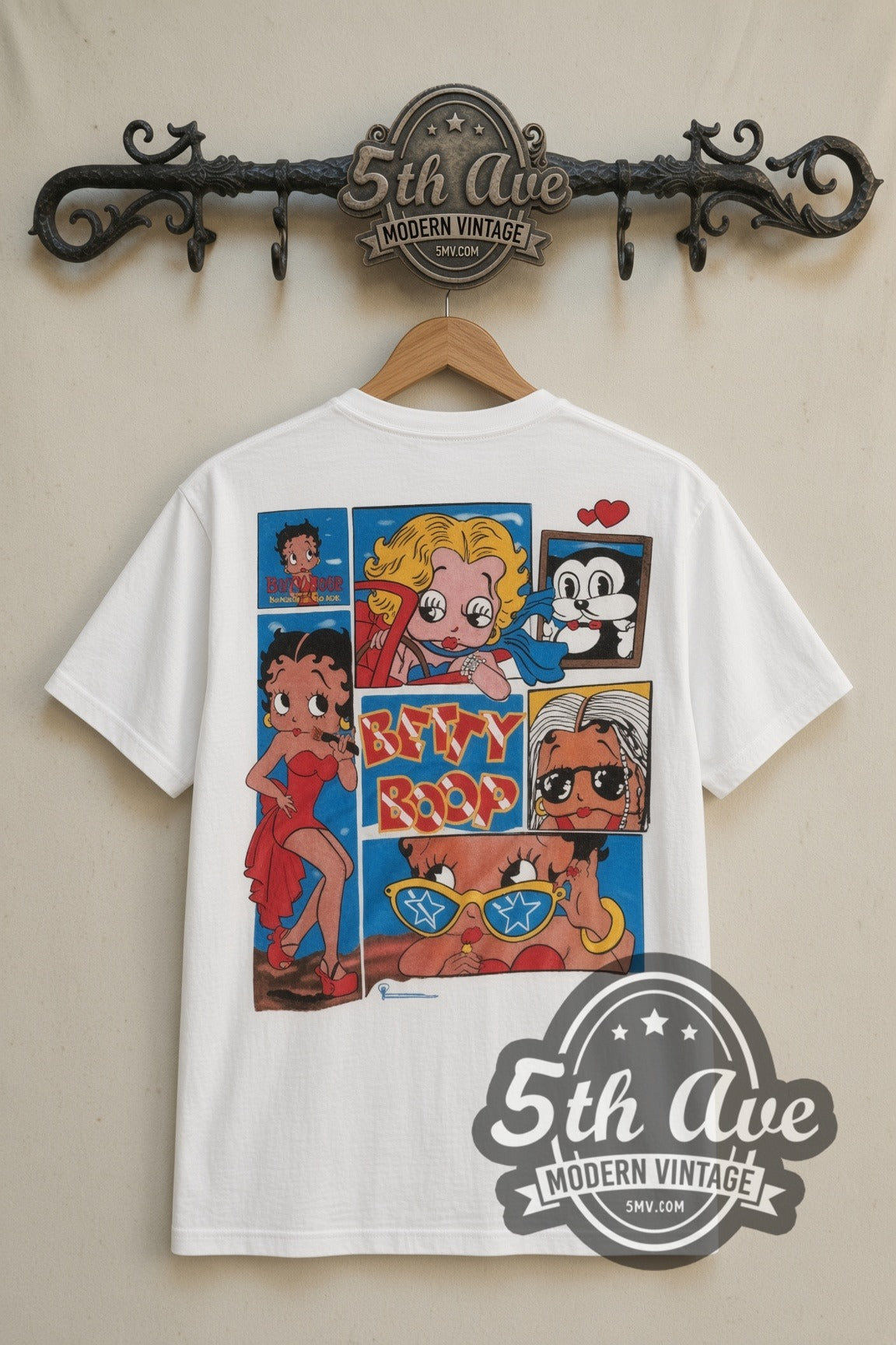 Betty Boop Comic Collage cartoon tee in white, back view on a display rack