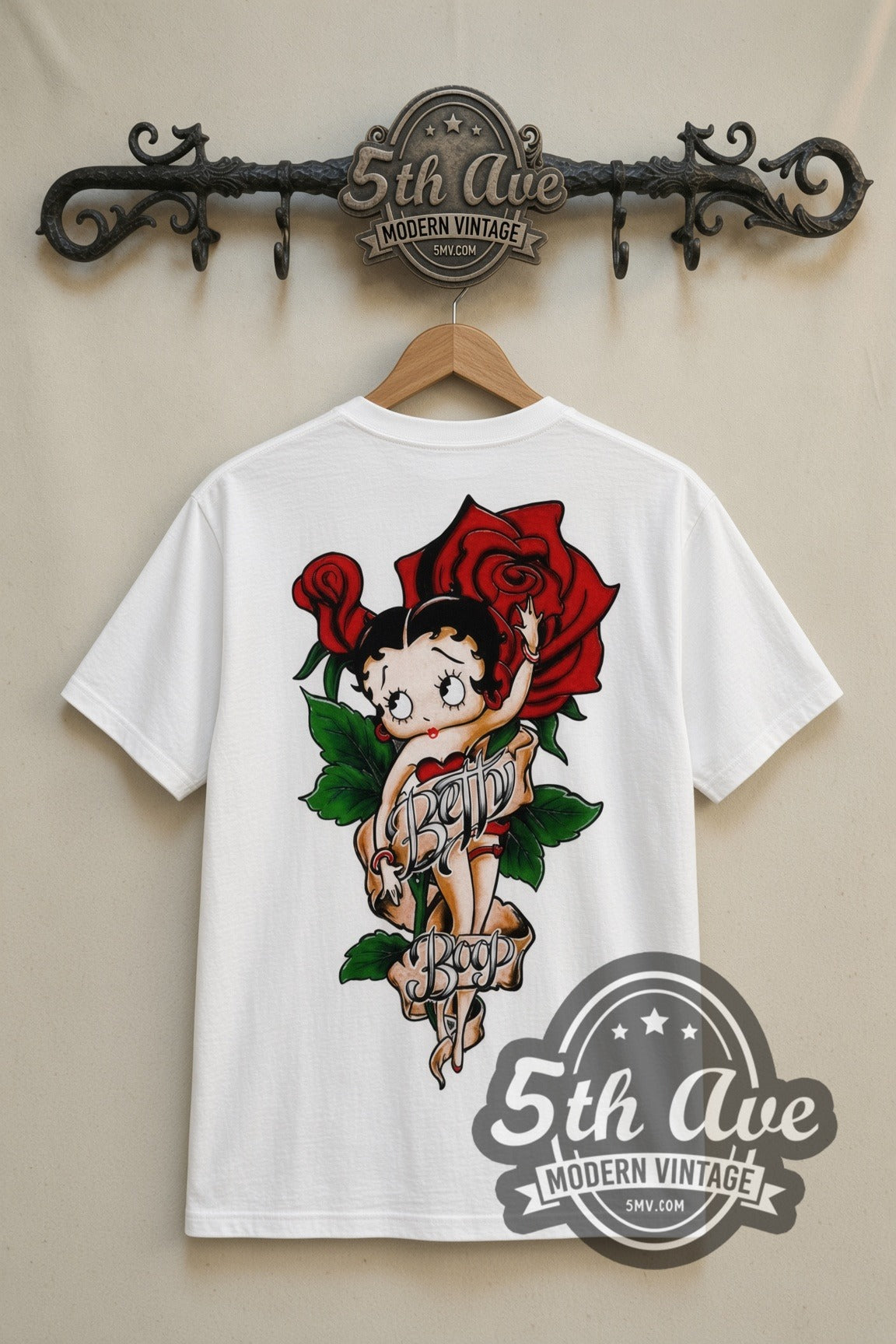 Betty Boop Cutie Tattoo Roses cartoon tee in white, back view on a display rack