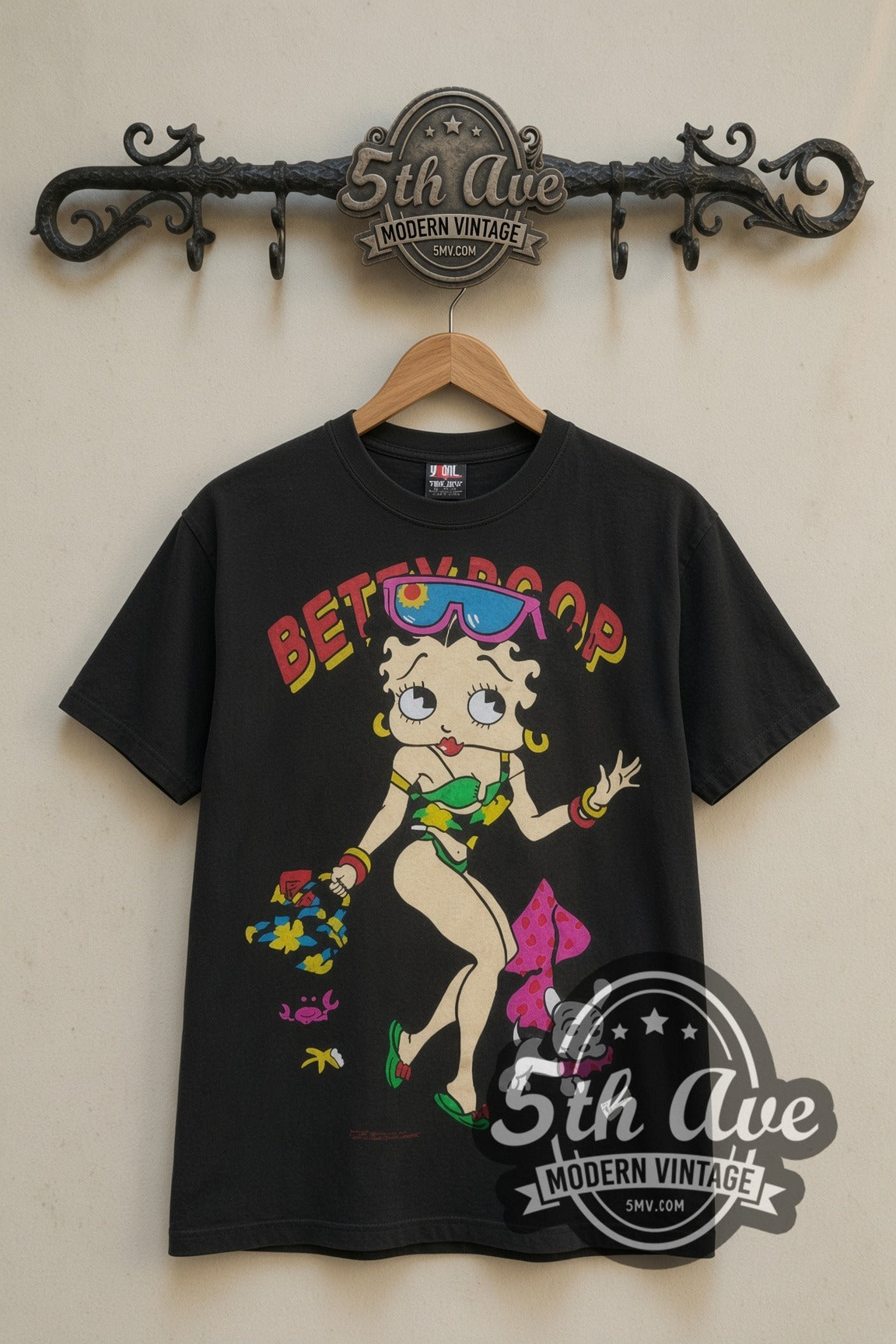 Betty Boop Hula Walk with Dog cartoon tee in black, front view on a display rack