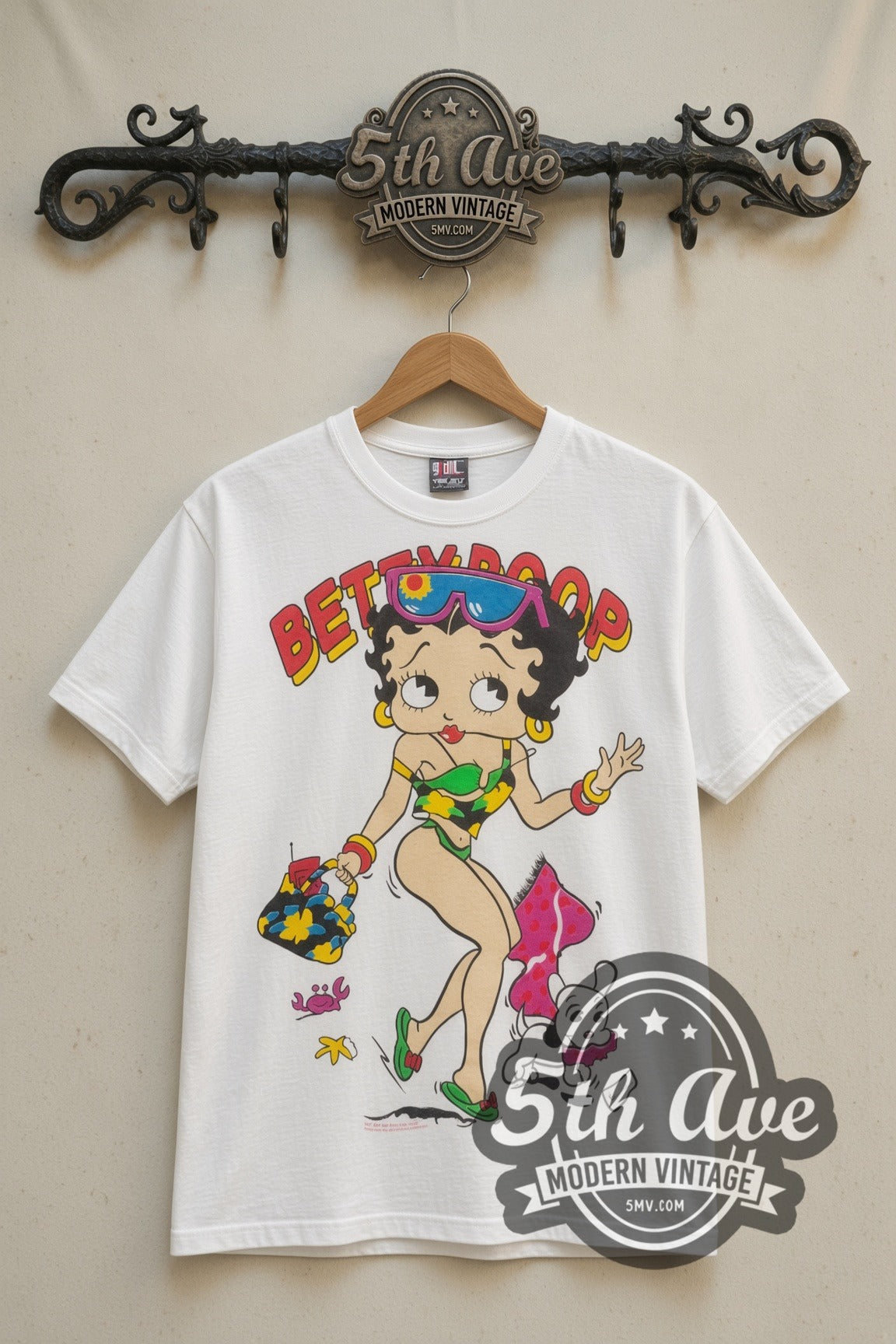 Betty Boop Hula Walk with Dog cartoon tee in white, front view on a display rack