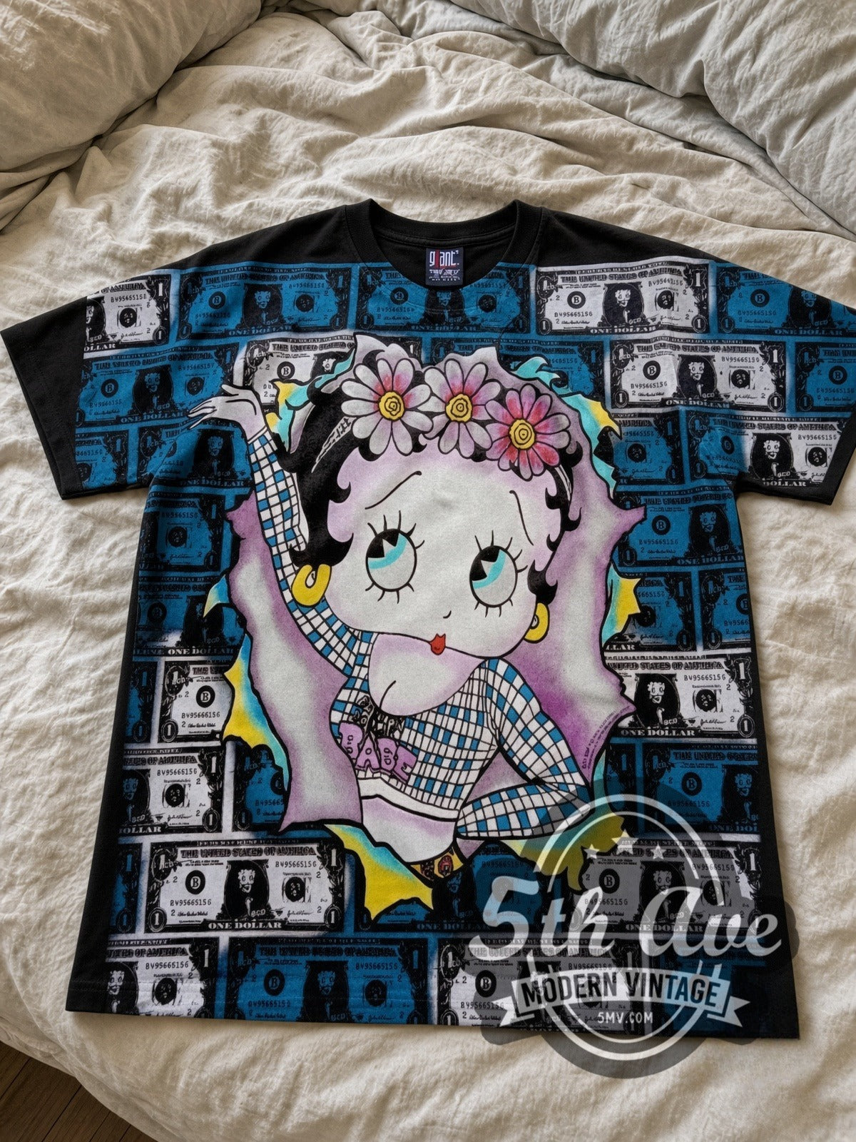 Betty Boop Hundred Dollar Bills all-over-print vintage cartoon tee in black laid flat