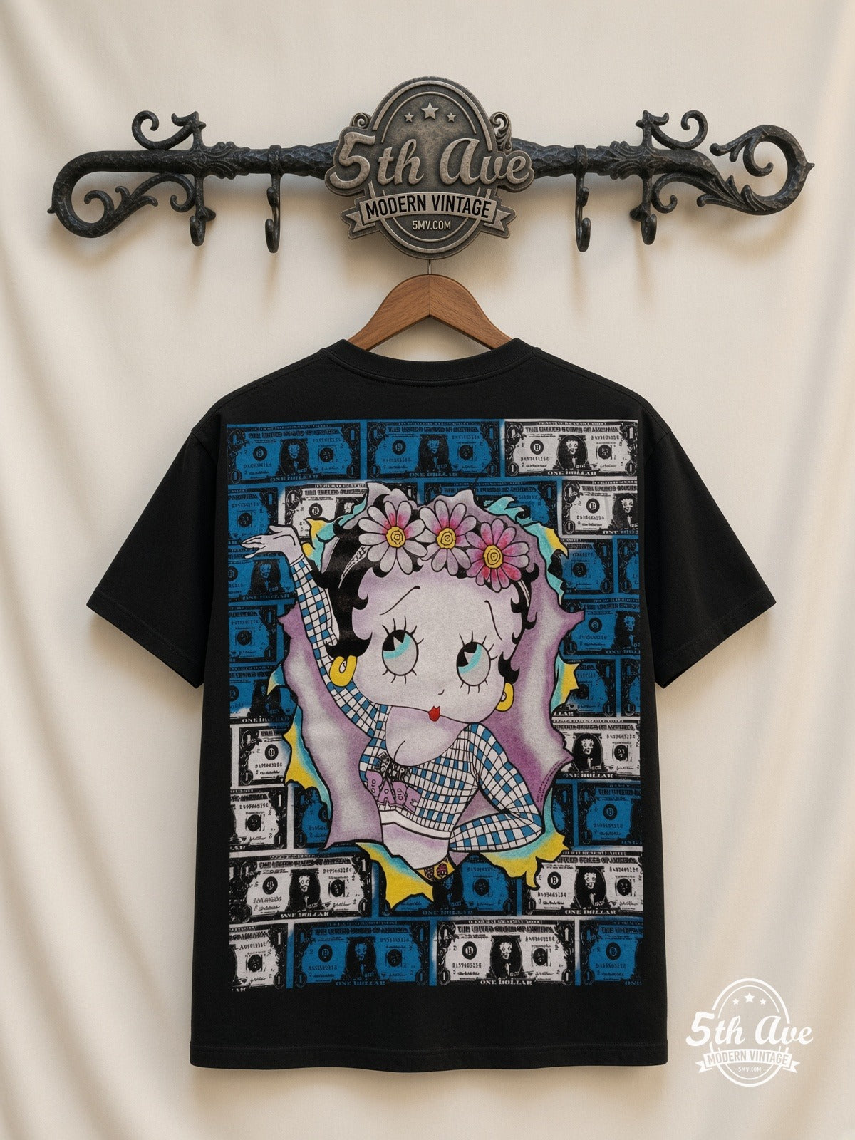 Betty Boop Betty Boop Hundred Dollar Bills all over print vintage tee back on cream 5th Ave rack