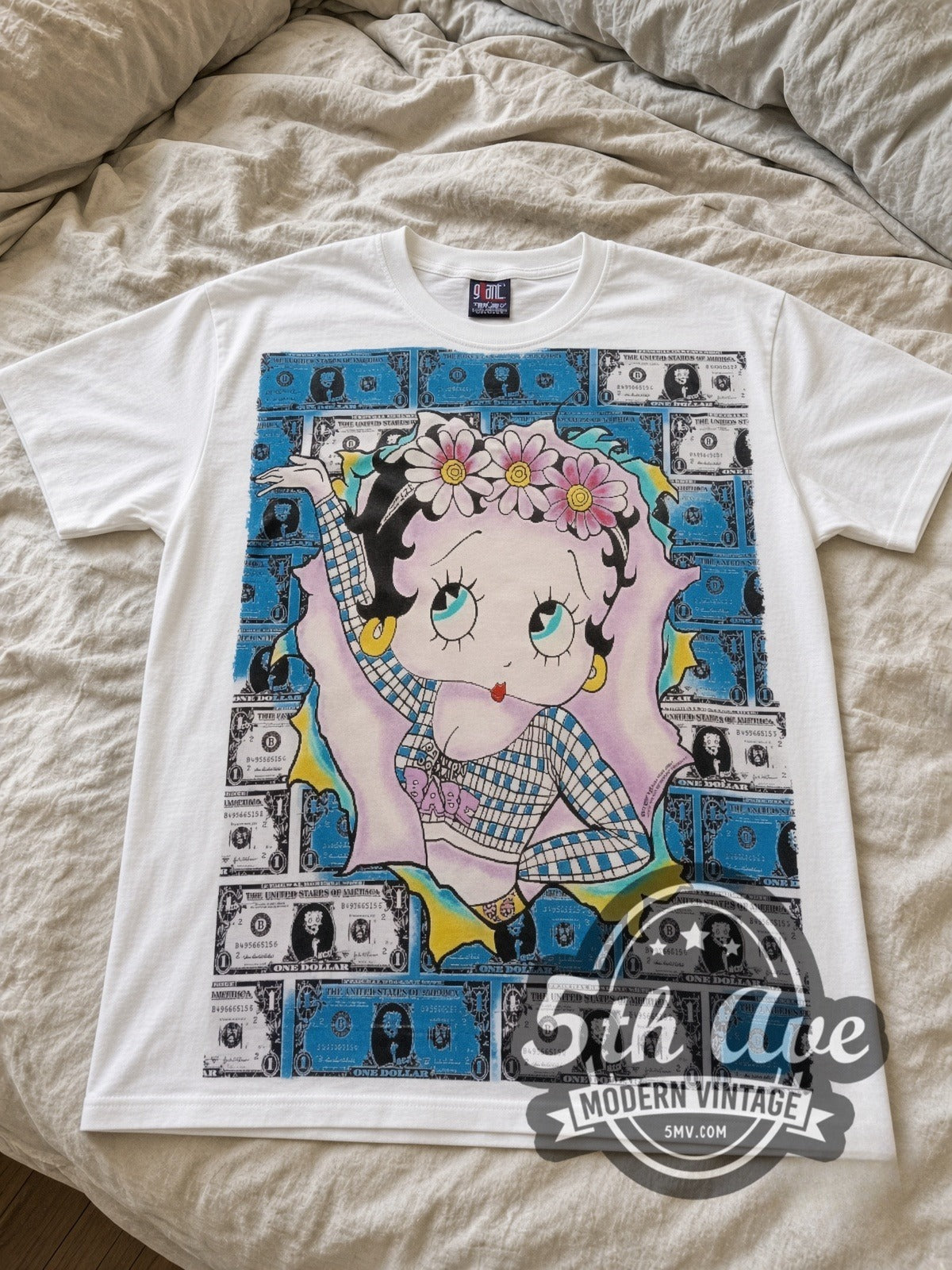 Betty Boop Hundred Dollar Bills all-over-print vintage cartoon tee in white laid flat