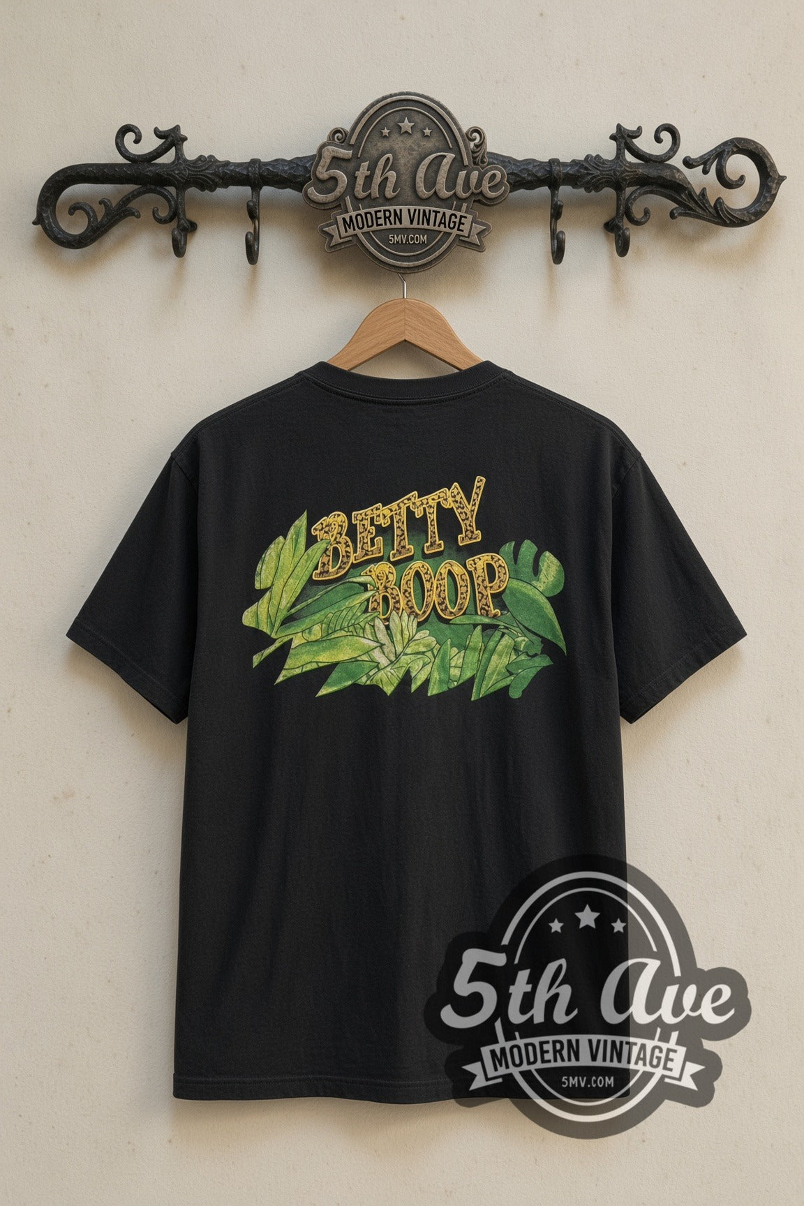 Back print of Betty Boop leopard logo tee on the 5MV rack