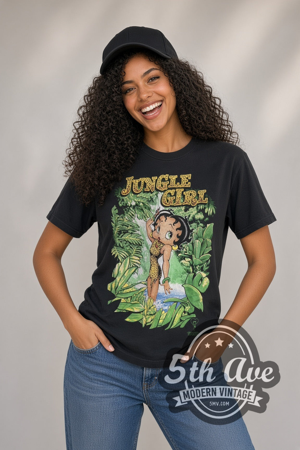 Woman wearing black Betty Boop Jungle Girl vintage cartoon t-shirt
