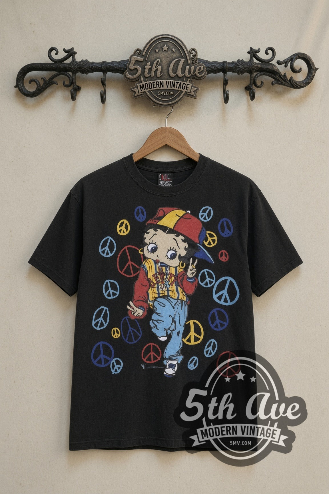 Betty Boop Peace Signs Hip-Hop cartoon tee in black, front view on a display rack