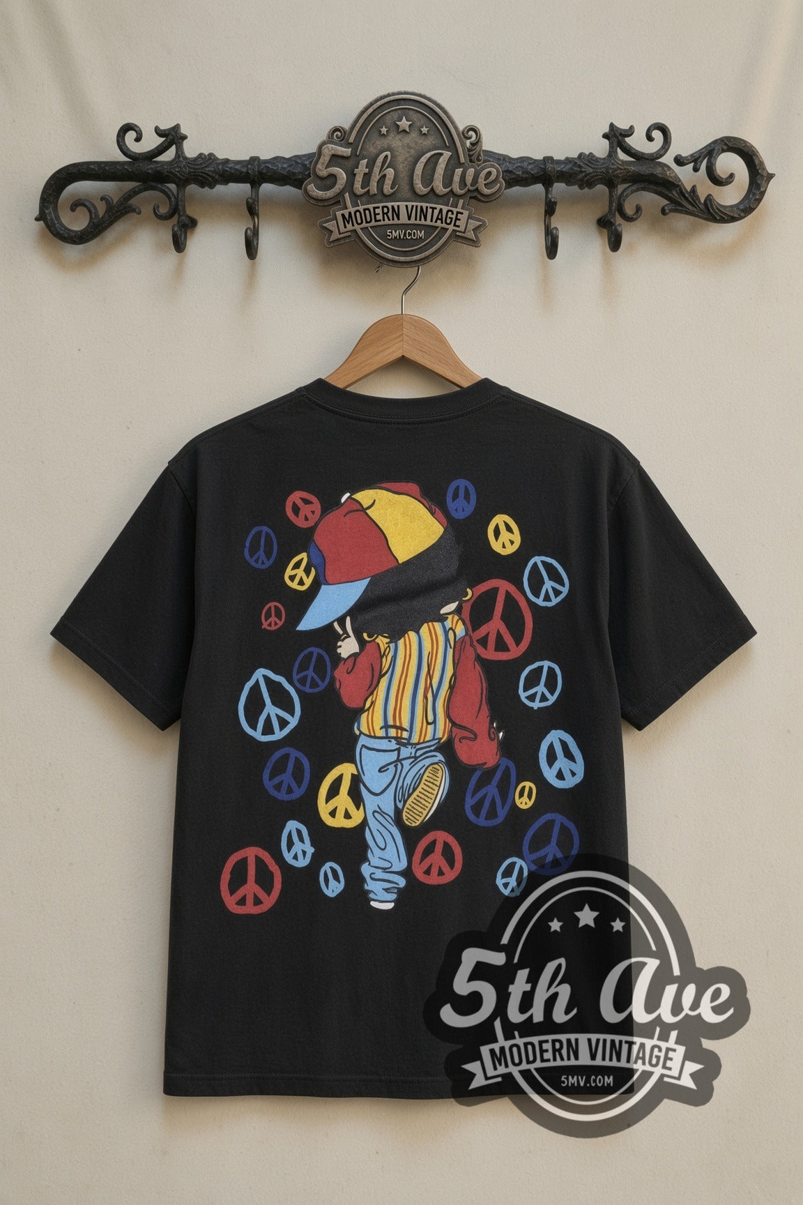 Betty Boop Peace Signs Hip-Hop cartoon tee in black, back view on a display rack