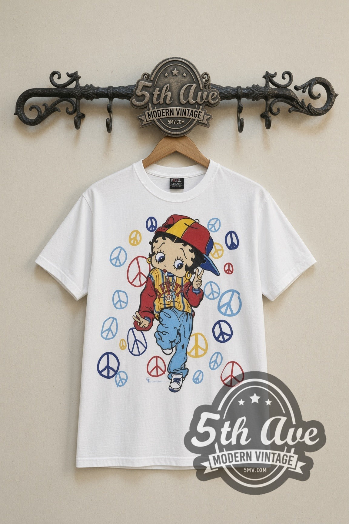 Betty Boop Peace Signs Hip-Hop cartoon tee in white, front view on a display rack