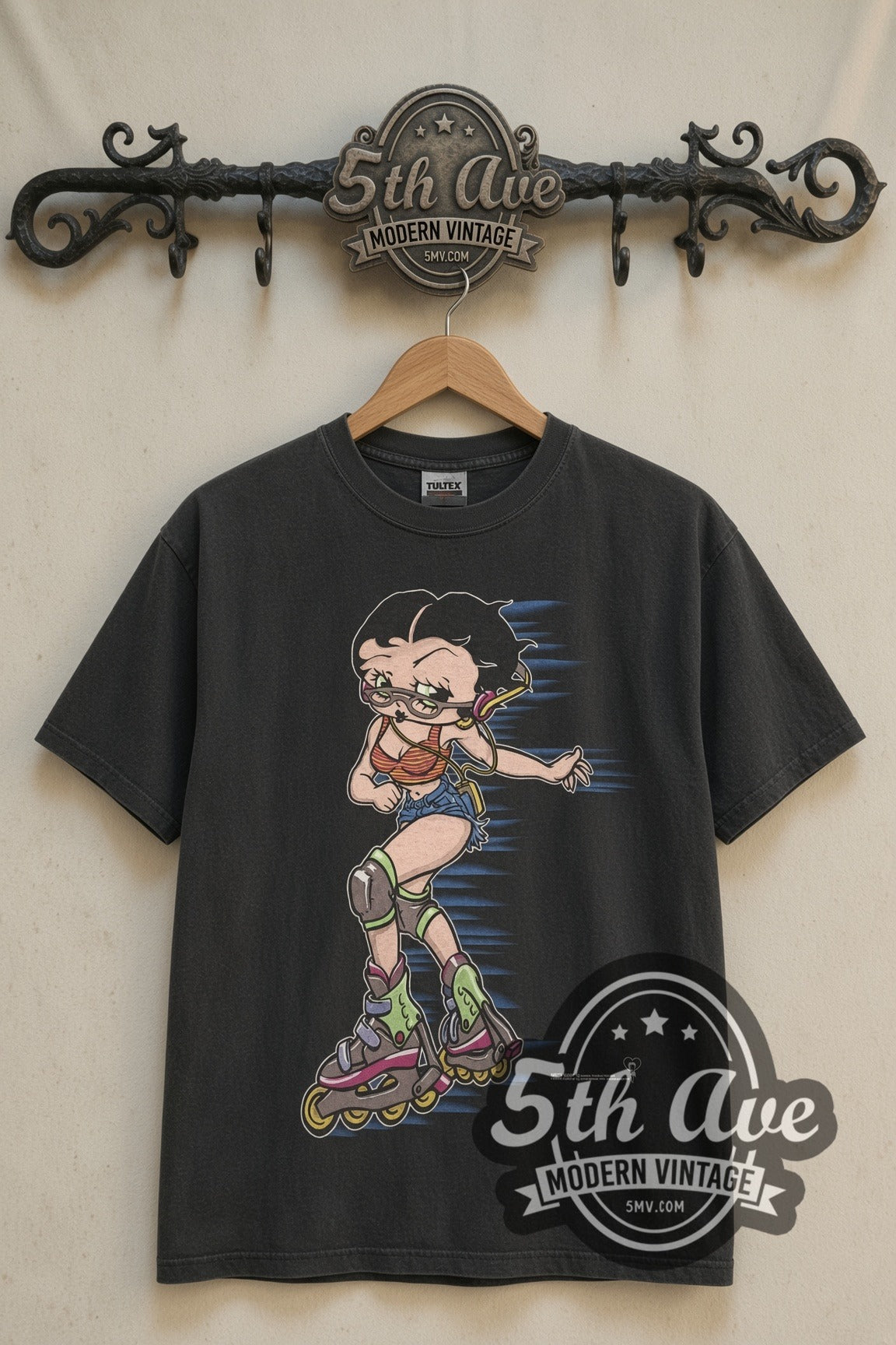 Betty Boop rollerblading graphic tee front on cream 5th Ave rack