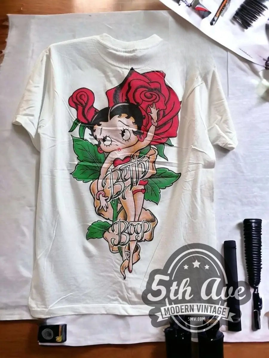 Model wearing the Betty Boop Cutie Tattoo Roses White vintage cartoon t-shirt
