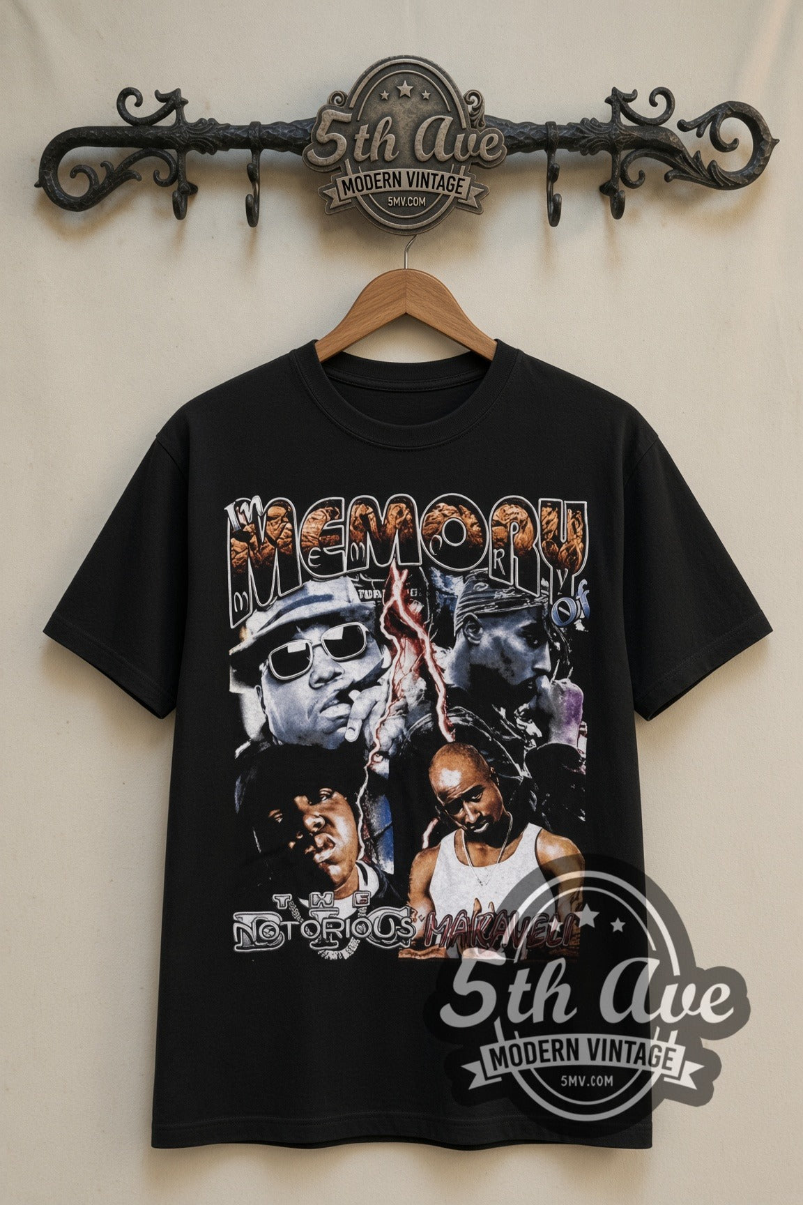 The Notorious B.I.G. & Tupac Please Stop the Violence rap tee in black, front view on the 5MV rack