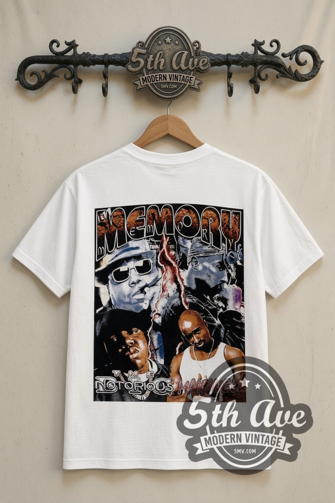 The Notorious B.I.G. & Tupac Please Stop the Violence rap tee in white, front view on the 5MV rack