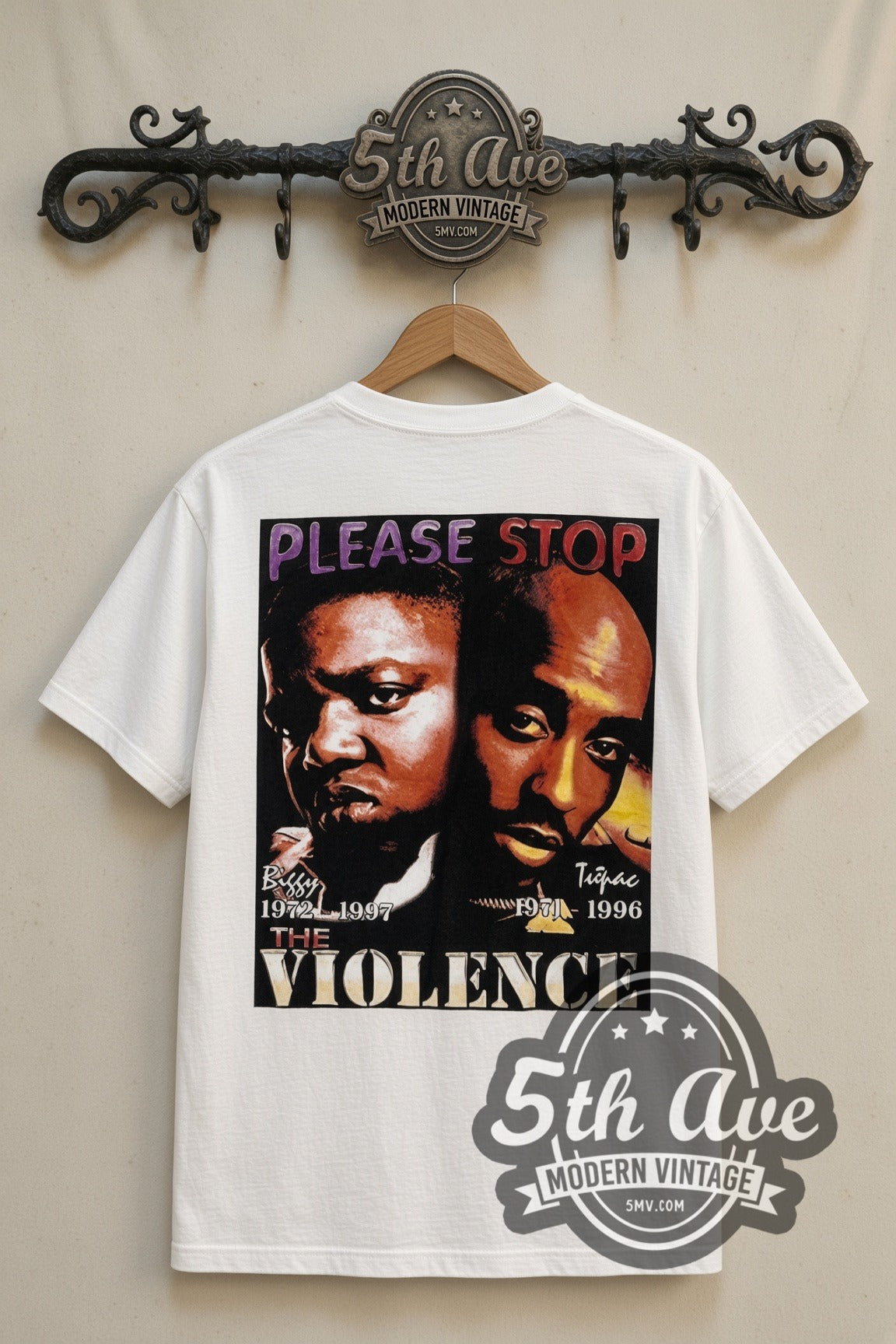 The Notorious B.I.G. & Tupac Please Stop the Violence rap tee in white, back view on the 5MV rack