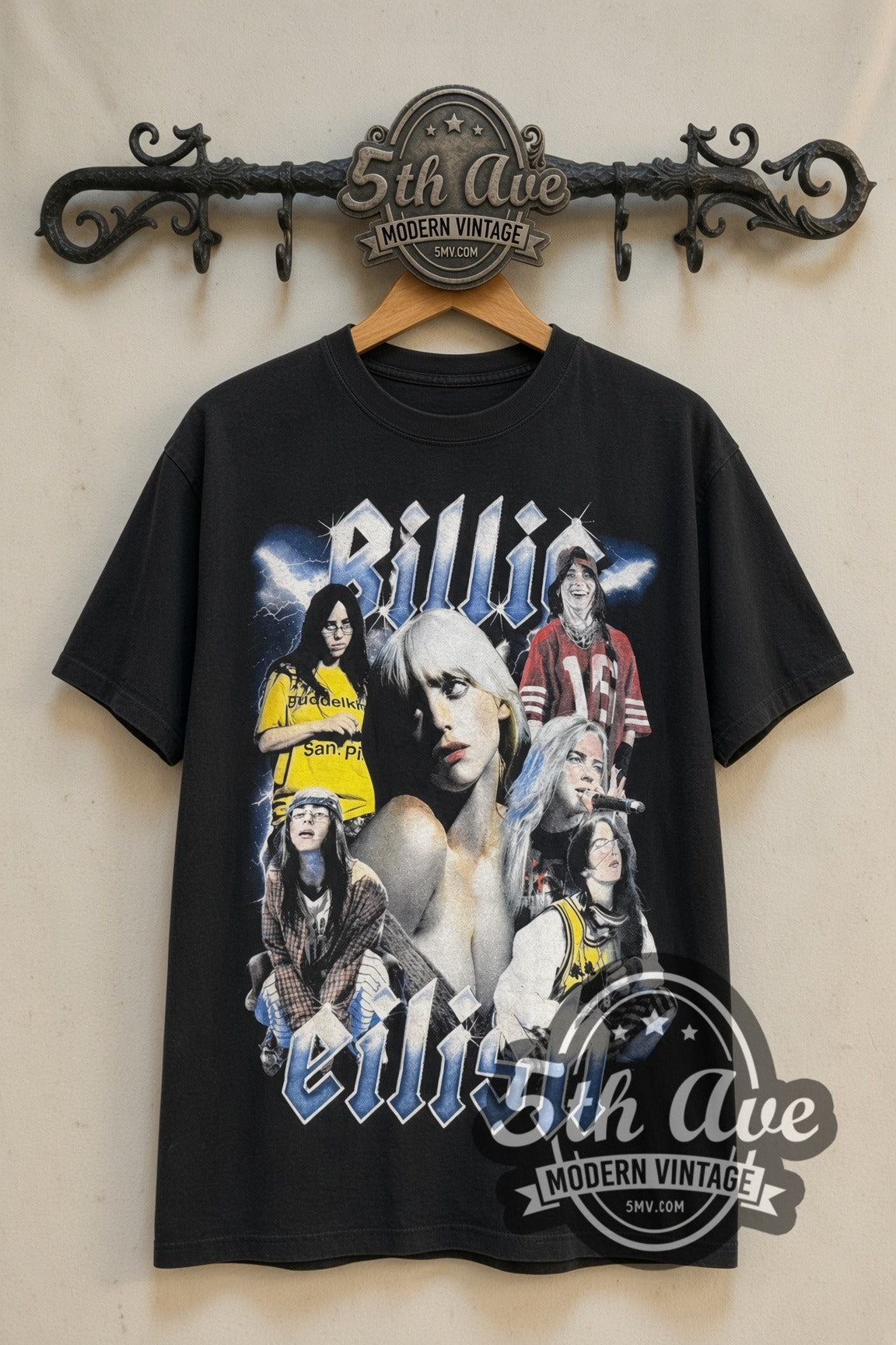 Billie Eilish Hit Me Hard and Soft Tour Collage & Dates band t-shirt front on 5th Ave iron rack