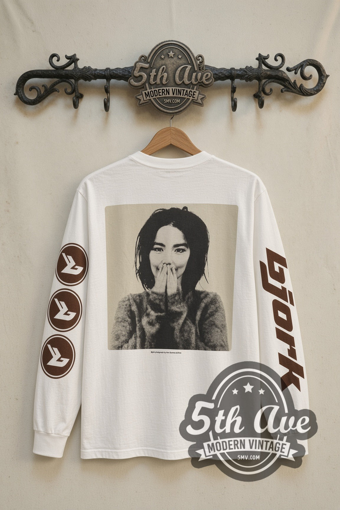 Back print of Björk Debut smiling portrait long sleeve on the 5MV rack