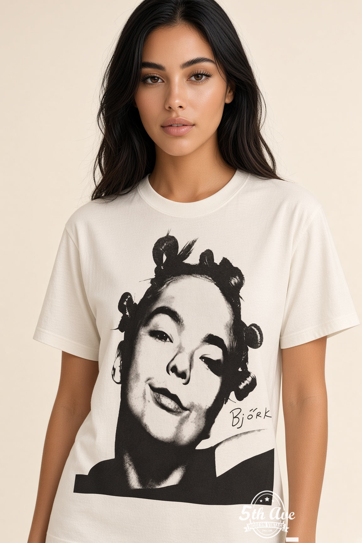 Model wearing Björk It Take Courage to Enjoy It vintage band tee