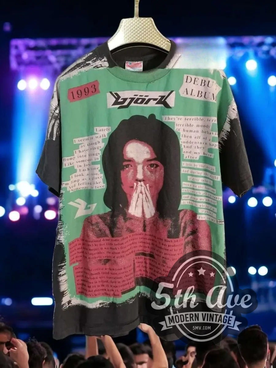 Björk Mosquitohead vintage band t-shirt, front view on a display rack