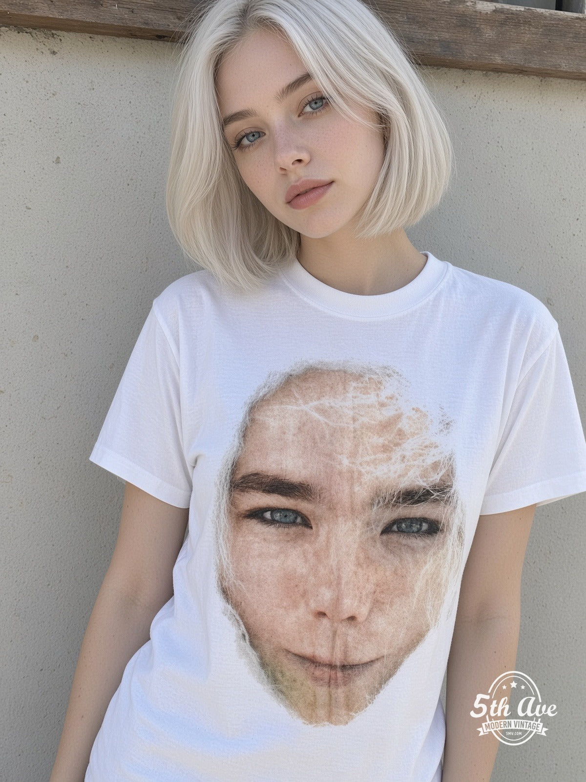 Model wearing Björk Post Face / Sednaoui 1996 vintage t-shirt