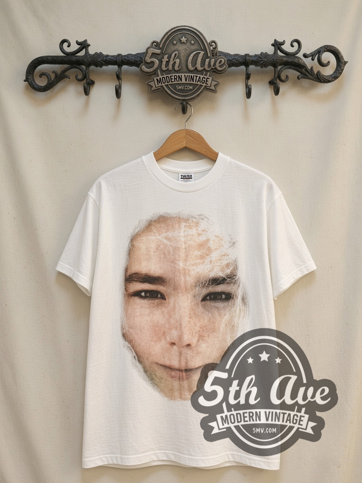 Björk Post Face / Sednaoui 1996 vintage band t-shirt, front view on a display rack